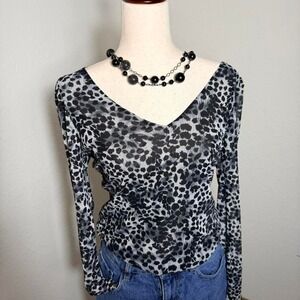 Peyton Jensen Mesh Leopard Print Long Sleeve V Neck‎ Top Size S